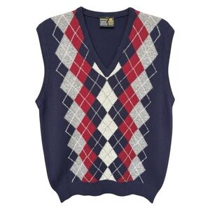Vtg 80s Wolsey Wool Argyle Sweater Vest Size Medium Navy Blue Red Classic Prep